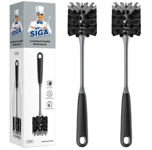 MR.SIGA Long Handle Bottle Brush, Flexible Scrub Brush for Water Bottles, Glasswares, Mugs, Black, 2 Pack