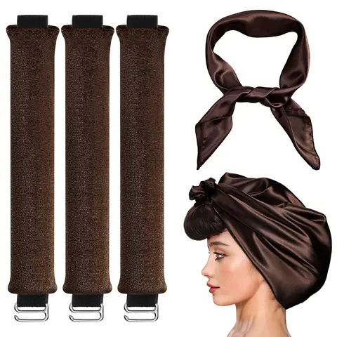 3-Pack Heatless Curls Styling Kit - Velvet Rollers, Silk Scarf, Hook, Headbands for Women, Hair Tools for Medium to Long Hair, Heatless Curls Overnight, Adds Shine and Smoothness, Textured Loose Styles