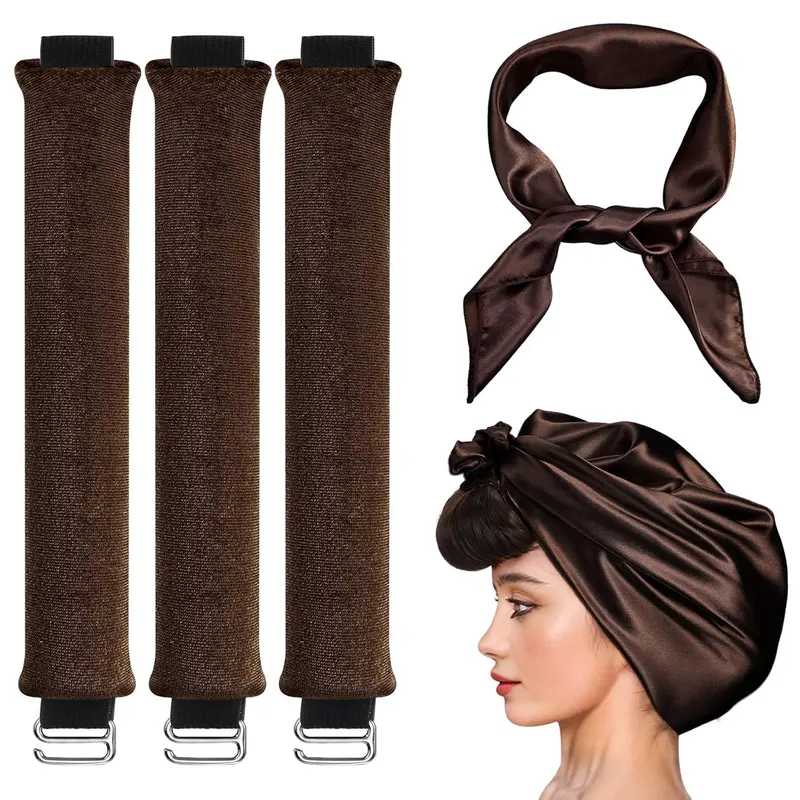 3-Pack Heatless Curls Styling Kit - Velvet Rollers, Silk Scarf, Hook, Headbands for Women, Hair Tools for Medium to Long Hair, Heatless Curls Overnight, Adds Shine and Smoothness, Textured Loose Styles