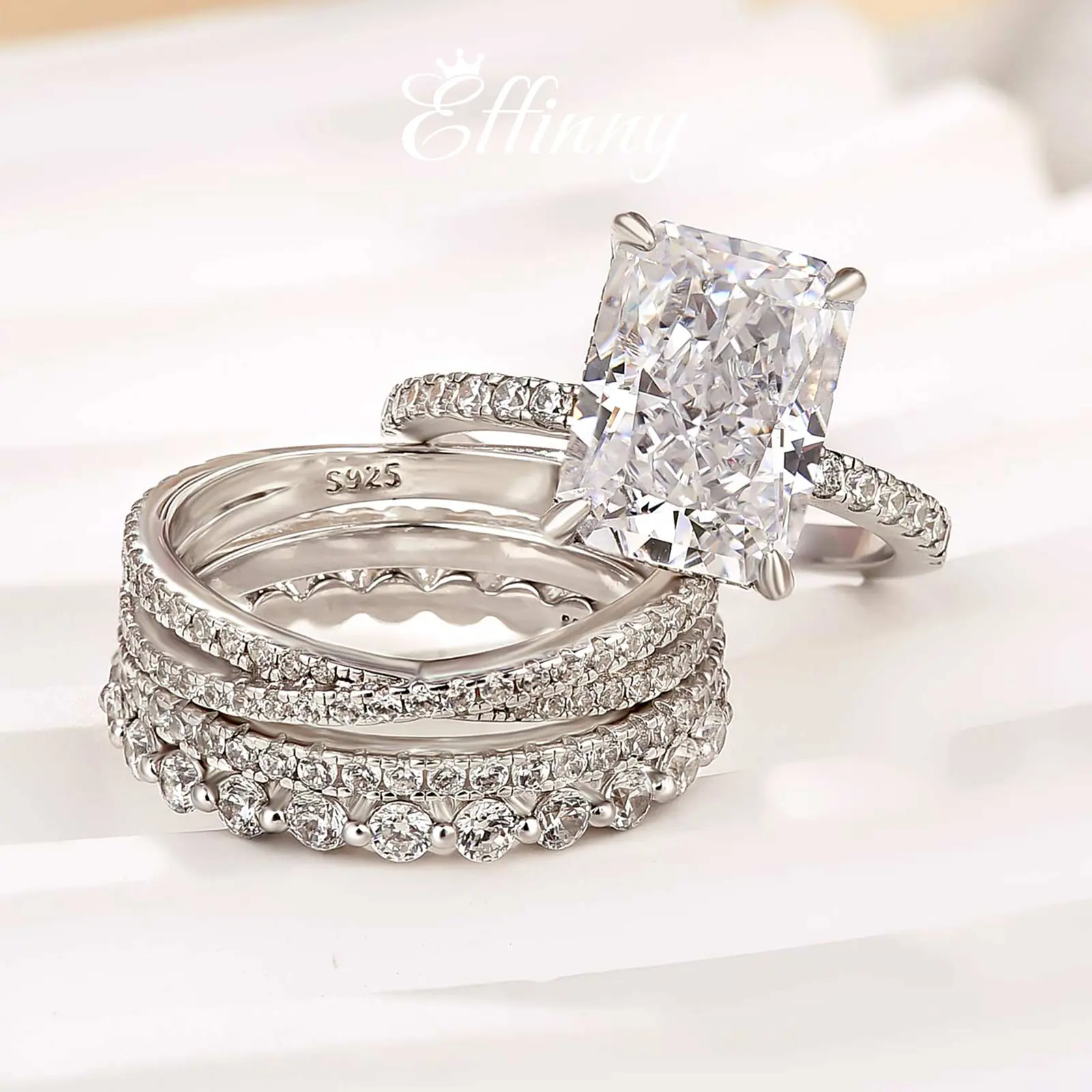 Effinny Jewelry 4.5ct Radiant Cut 4PC Wedding Ring Set, 925 Sterling Silver Promise Stackable ring, 5A Cubic Zirconia Women's Ring for Travel, Wedding, Party, Cubic Zirconia Rings, Adults