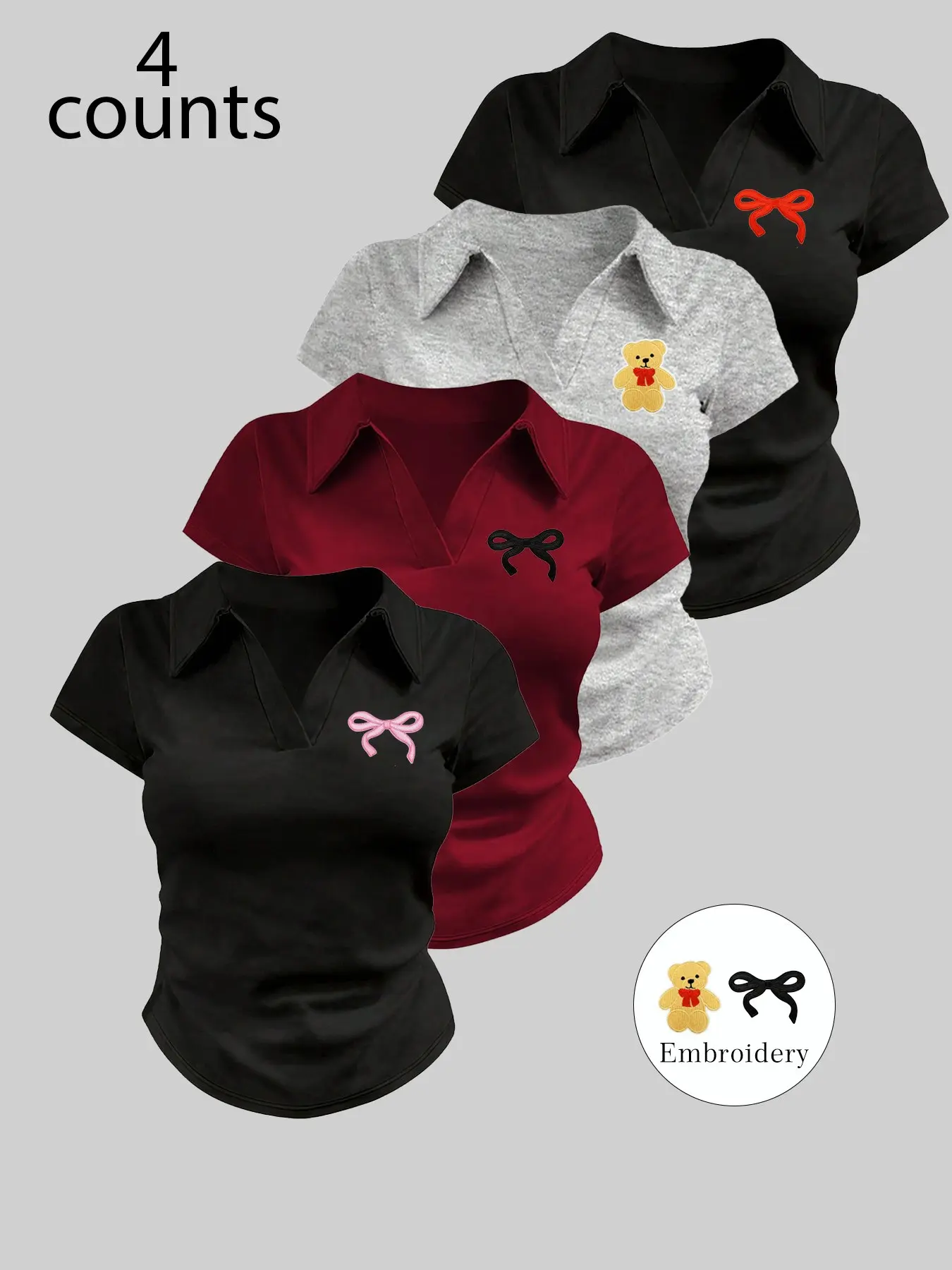 Women's 4-Piece Spring Summer Pure Desire Style Casual Embroidered Bear Polo Shirts Tops, Short Sleeve Top, V-Neck Slim Fit, Cotton Material, Multiple Colors & Patterns