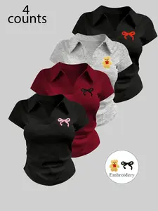 Women's 4-Piece Spring Summer Pure Desire Style Embroidered Polo Shirts, V-Neck Slim Fit, Cotton Material, Multiple Colors & Patterns
