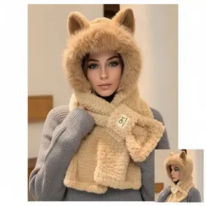 Upgraded Winter Plush Hooded Scarf Hat with CartoonEars Solid Color Neck Warmer for Women ThickenedMaterial Cozy Stylish Unisex Fleece Lining Warm Cold Days 3-in-1 balaclava