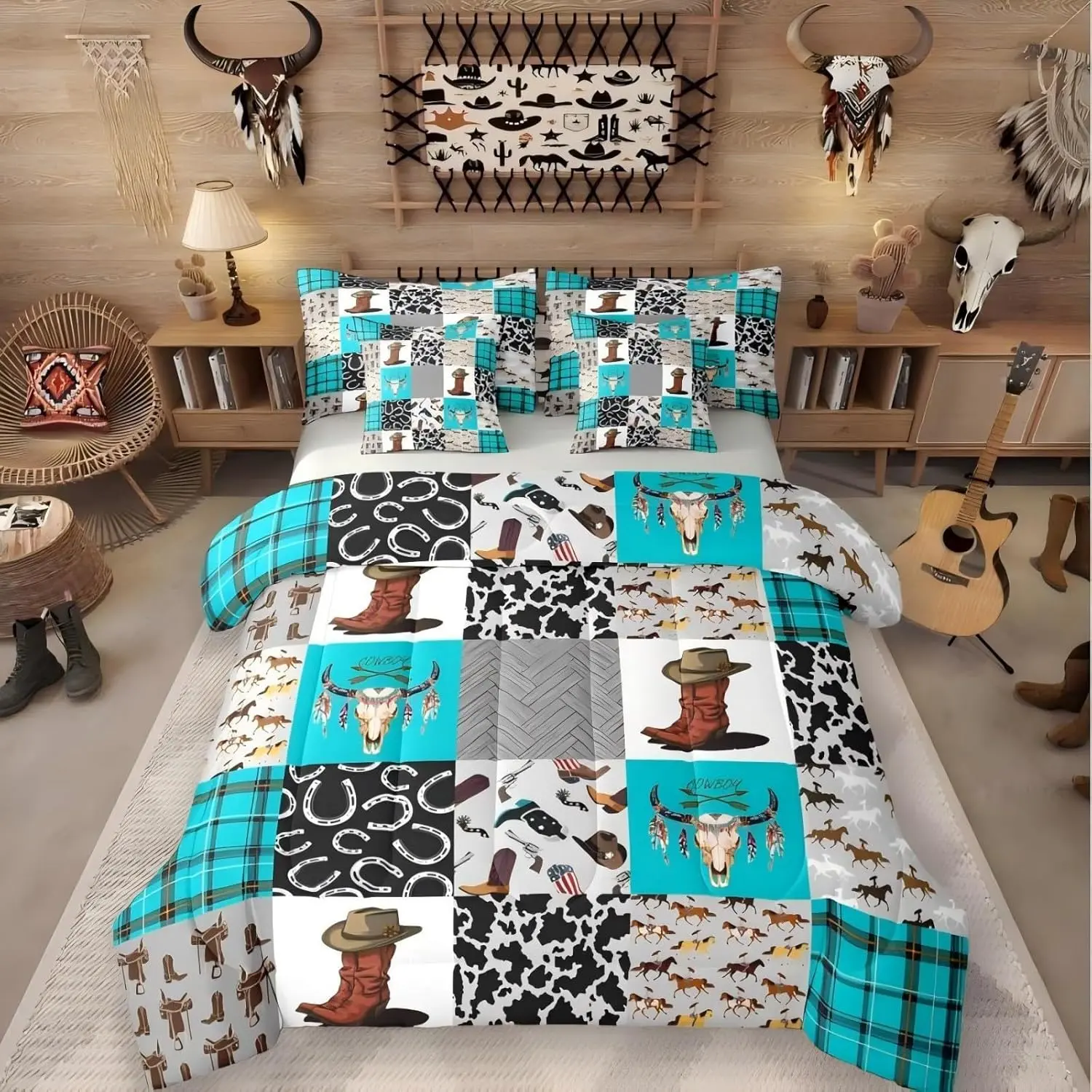 Feelyou 7-Piece Western Quilt Set - Multi-Size Complete Bedding Sets, Breathable Machine-Washable Rustic Theme Bedding with Comforter, Sheets, Cowboy Boots/Hat, Horse, Farmhouse Cowhide, Longhorn Skull, Turquoise Decor for Country Aesthetic Cozy Bedrooms