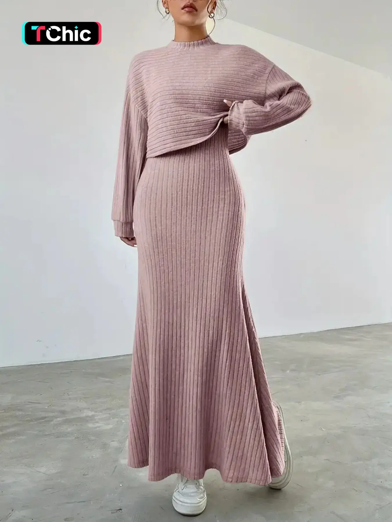 Women's Solid Color Long Sleeve Top & Long Dress Set, Casual Basic Top, Lady Fall & Winter Clothes for Daily Wear, Womenswear