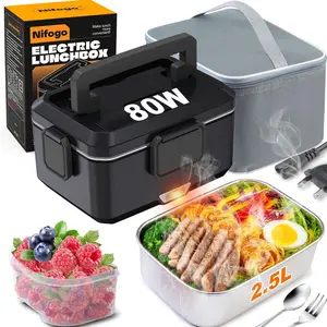 Electric Lunch Box Food Heater 80W Portable Heated Lunch Box for Adults 3 in 1 Portable Food Warmer 110V/12V/24V, with 1,8L Removable Stainless Steel Container & Bag