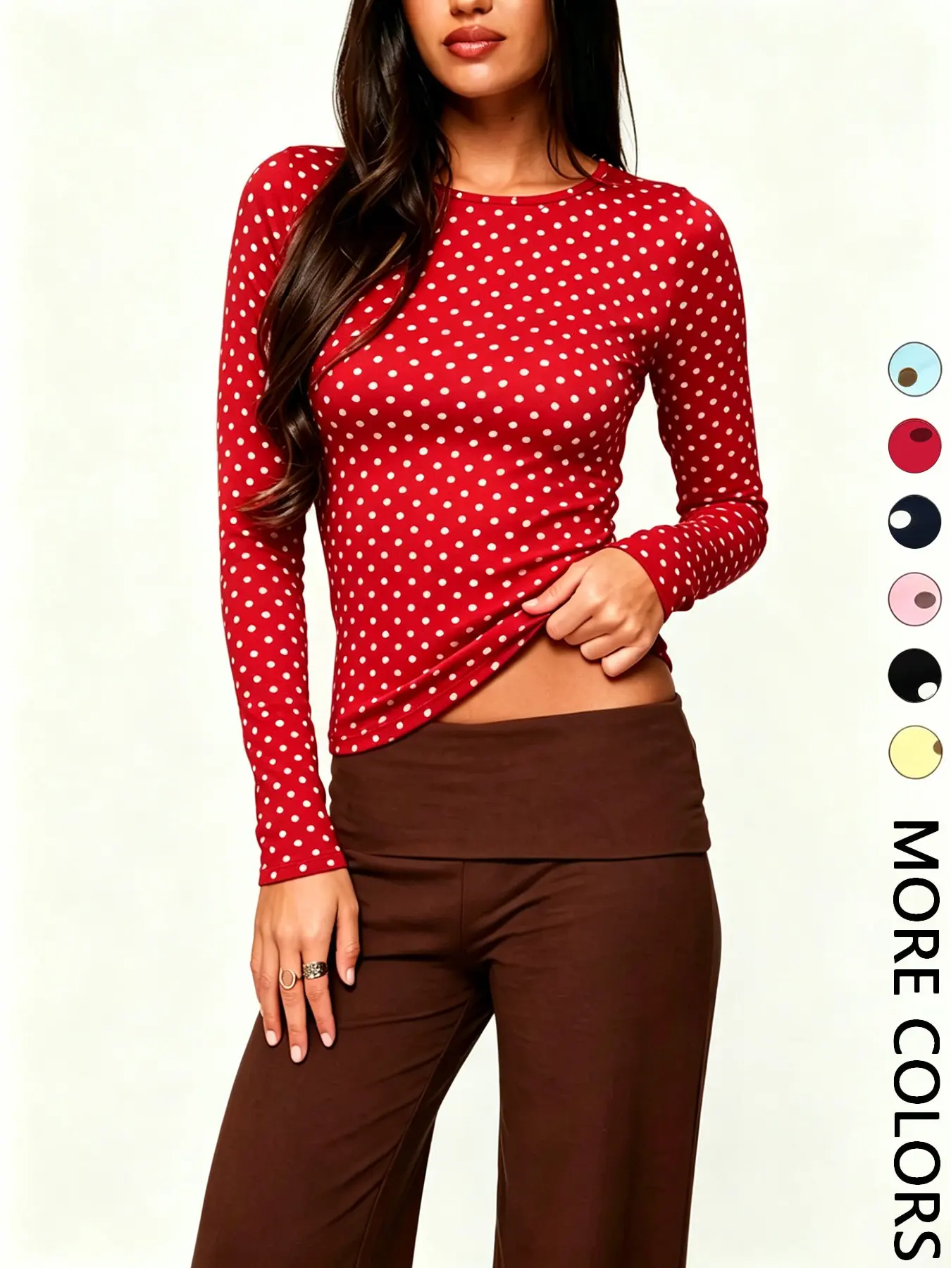 American Retro Polka Dot Slim Fit Long Sleeve Top, High Elastic Fabric, Waist and Arm Line Accent, Retro Style, Y2K Fashion