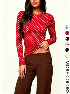 American Retro Polka Dot Slim Fit Long Sleeve Top, High Elastic Fabric, Waist and Arm Line Accent, Retro Style, Y2K Fashion