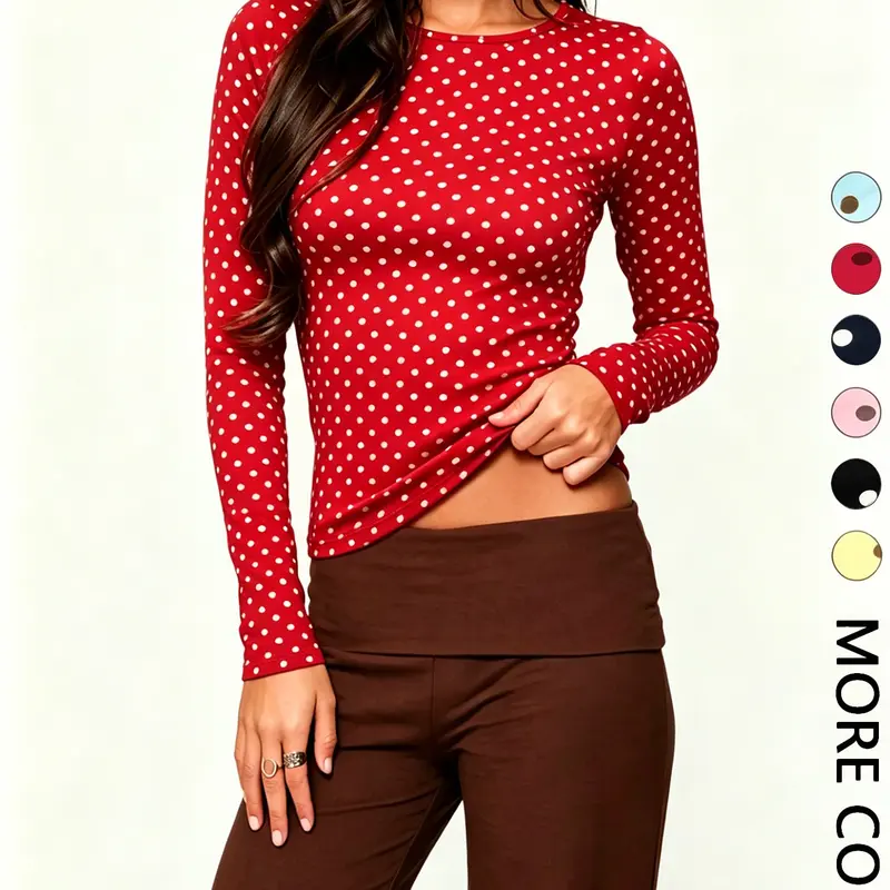 American Retro Polka Dot Slim Fit Long Sleeve Top, High Elastic Fabric, Waist and Arm Line Accent, Retro Casual Style, Y2K Fashion