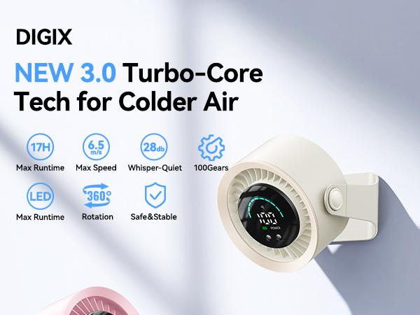 DIGIX Rechargeable USB Desk Fan for Bedroom, 100 Speeds, 360° Rotation, Wall Mounted Design Small Portable Table Fan with LED Display, Quiet Personal Desktop Cooling Fans for Home Office
