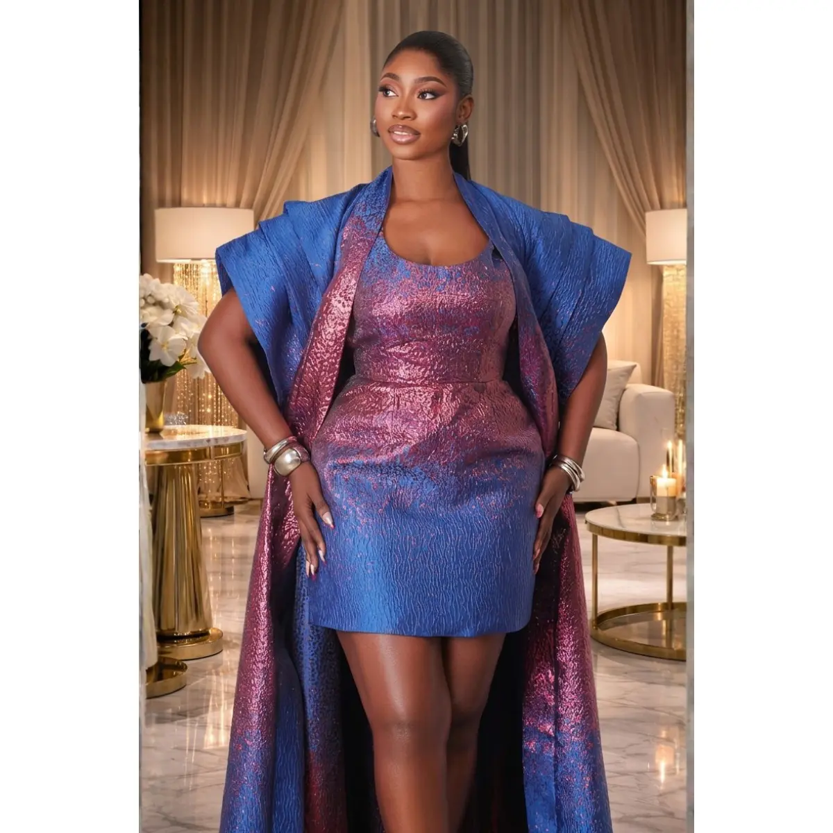 Zaria Luxe Brocade Dress & Kimono Set