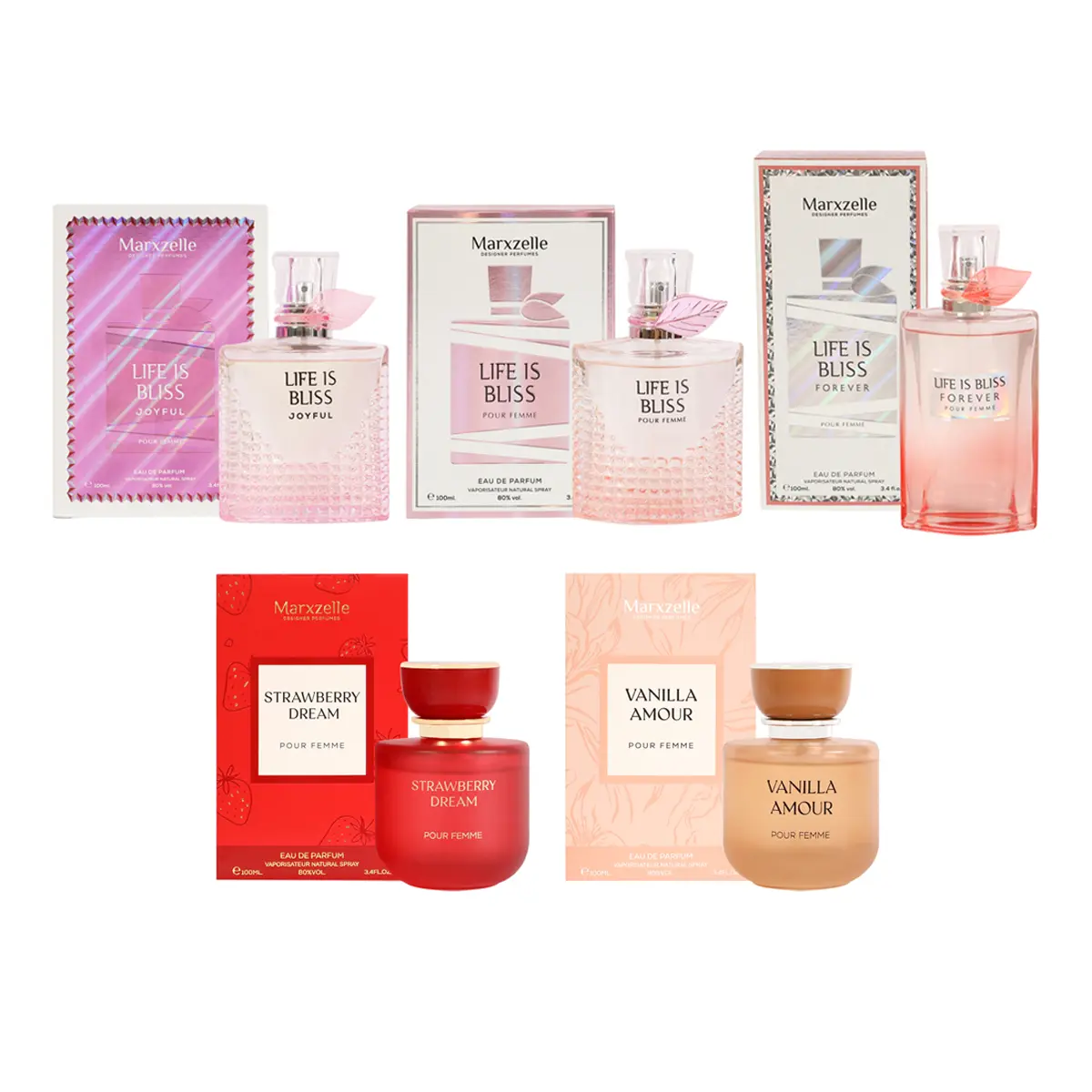 Marxzelle Women's Creator Package 5 - Life is Bliss Joyful(MZ5824), Life is Bliss(MZ6783), Life is Bliss Forever(MZ5817), Vanilla Amour(MZ3859), Strawberry Dream(MZ3842) Perfume for Women