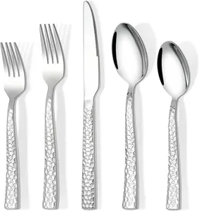 20- Hammered Silverware Set, -Grade Stainless Steel Flatware Set for 4, Cutlery Set, Home Kitchen Utensil Set, Include Knifes Forks and Spoons Silverware Set, Mirror Finish, Dishwasher Safe