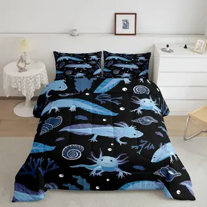 3D Axolotl Pattern Cartoon Salamander Microfiber Duvet Set - Super Soft Luxury Bedroom Bedding, Decorative Unique Designs Black Blue Kawaii Axolotl Bedding