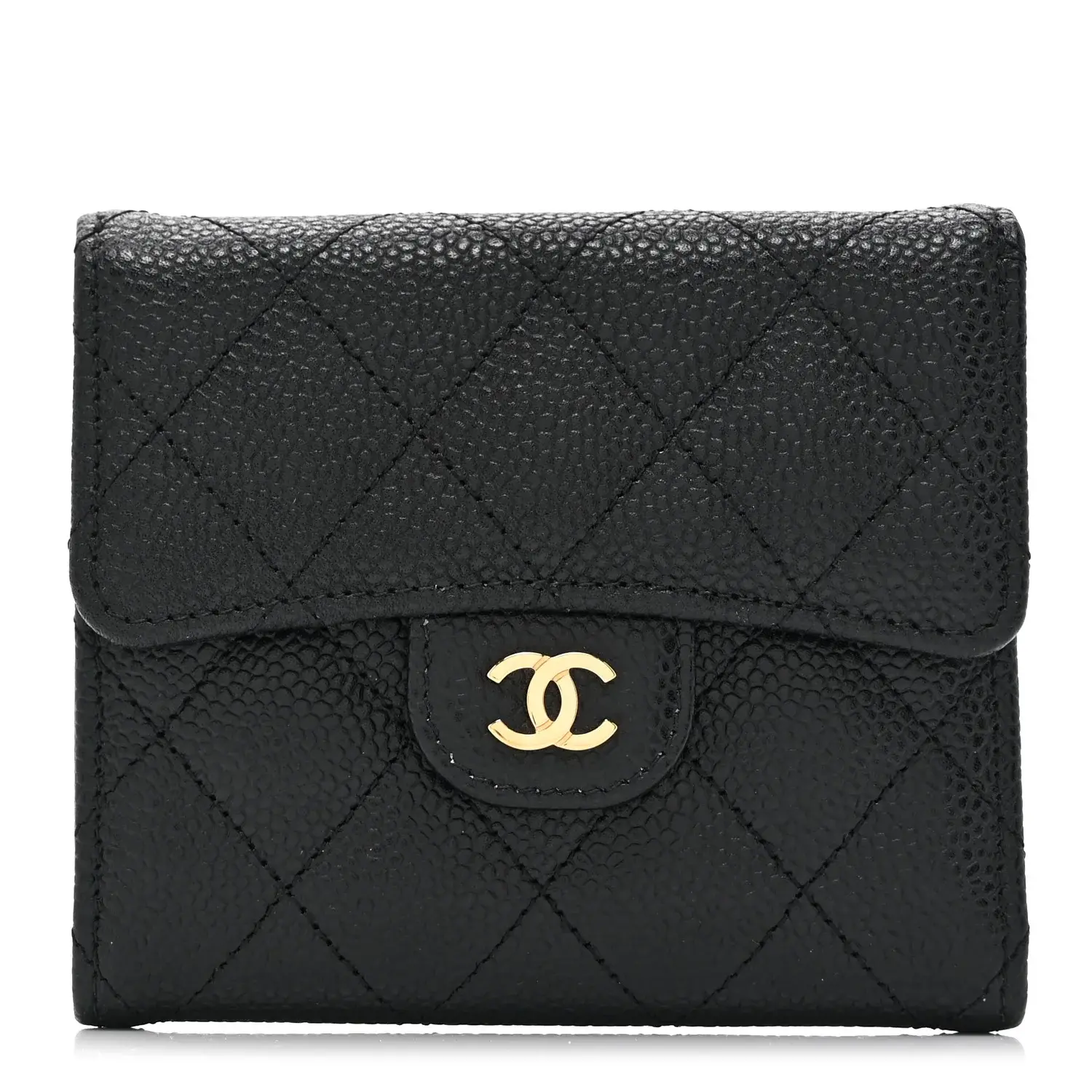 Pre-owned CHANEL Caviar Small Leather Goods Quilted Compact Flap Wallet Black Z 1563