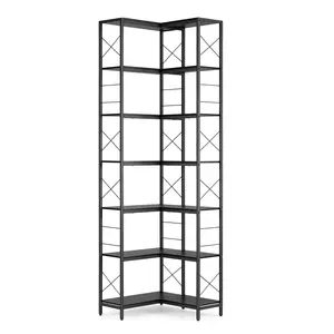 Garvee 7-Tier Industrial Corner Bookshelf – Freestanding L-Shaped Metal & Wood Bookcase with Adjustable Feet – Space-Saving Display Storage Rack for Living Room, Home Office, Kitchen – Modern Black Finish