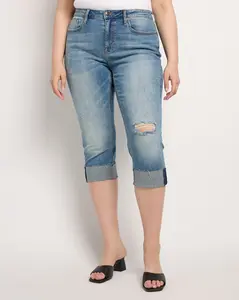 Plus Size Marley Distressed Midrise Cuffed Capri