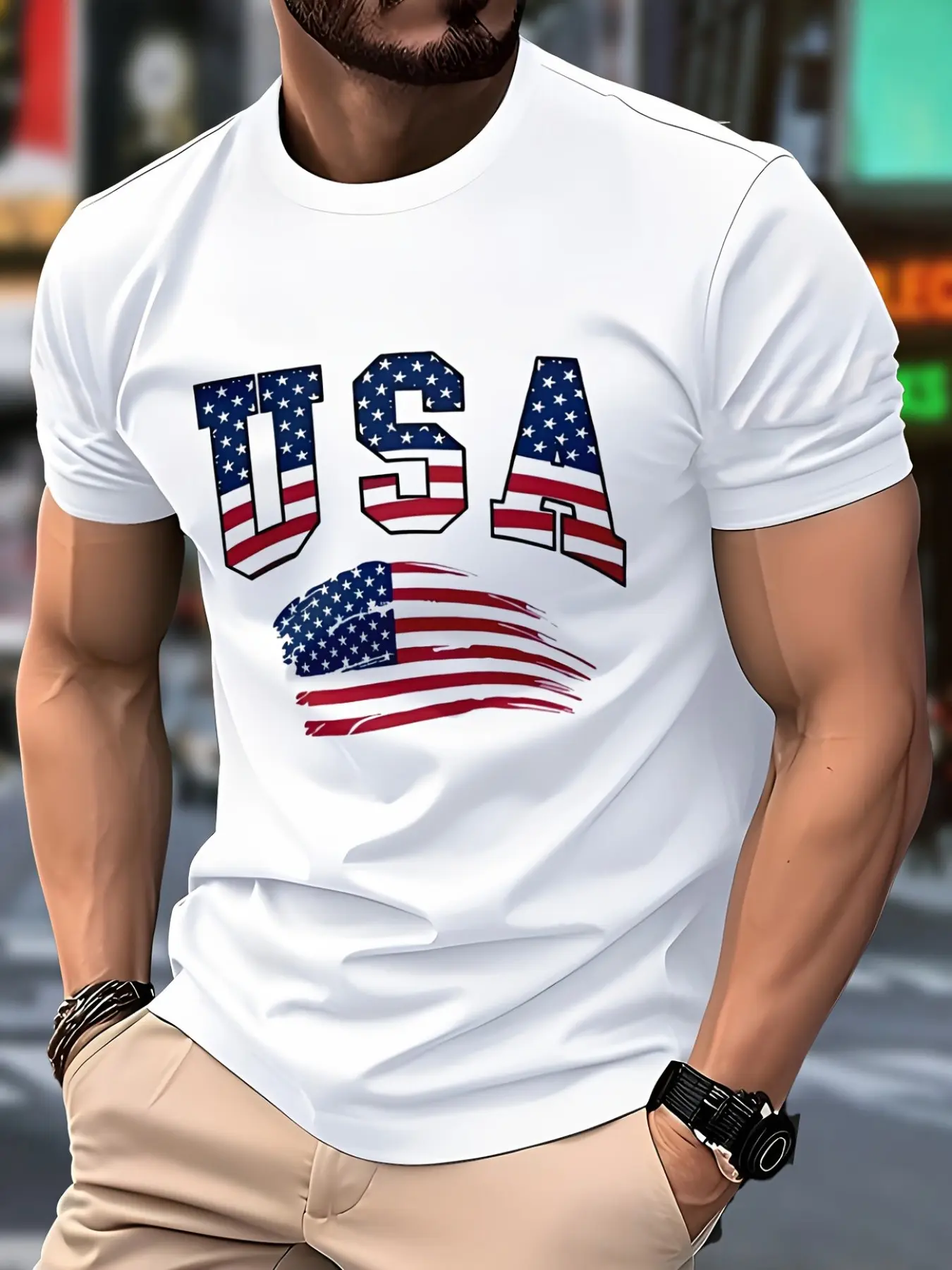 Summer Independence Day Adult T-Shirt, Vintage Patriotic American Style, Flag Print, Slim-Fitting, Sporty, All over Print, No Zipper, No Button, Top