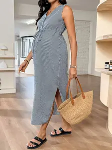 MOMSY Maternity Plaid Midi Dress | Sleeveless Button Half-Placket Tie Waist Casual Dress