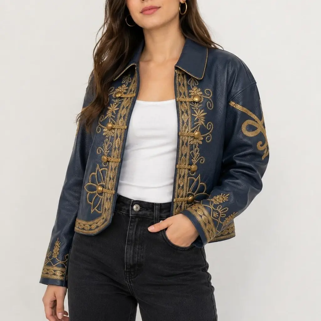 Women's Embroidered Military Jacket – Navy Blue Cropped Jacket with Gold Floral Embroidery, Button Front & Long Sleeves