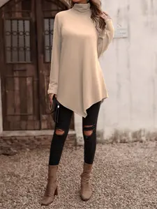 Women's Solid Asymmetrical Hem Turtle Neck High Neck T-shirt, Elegant Fashion Casual Long Sleeve Tee Top for Daily Outdoor Wear, Women Clothing for Spring Fall