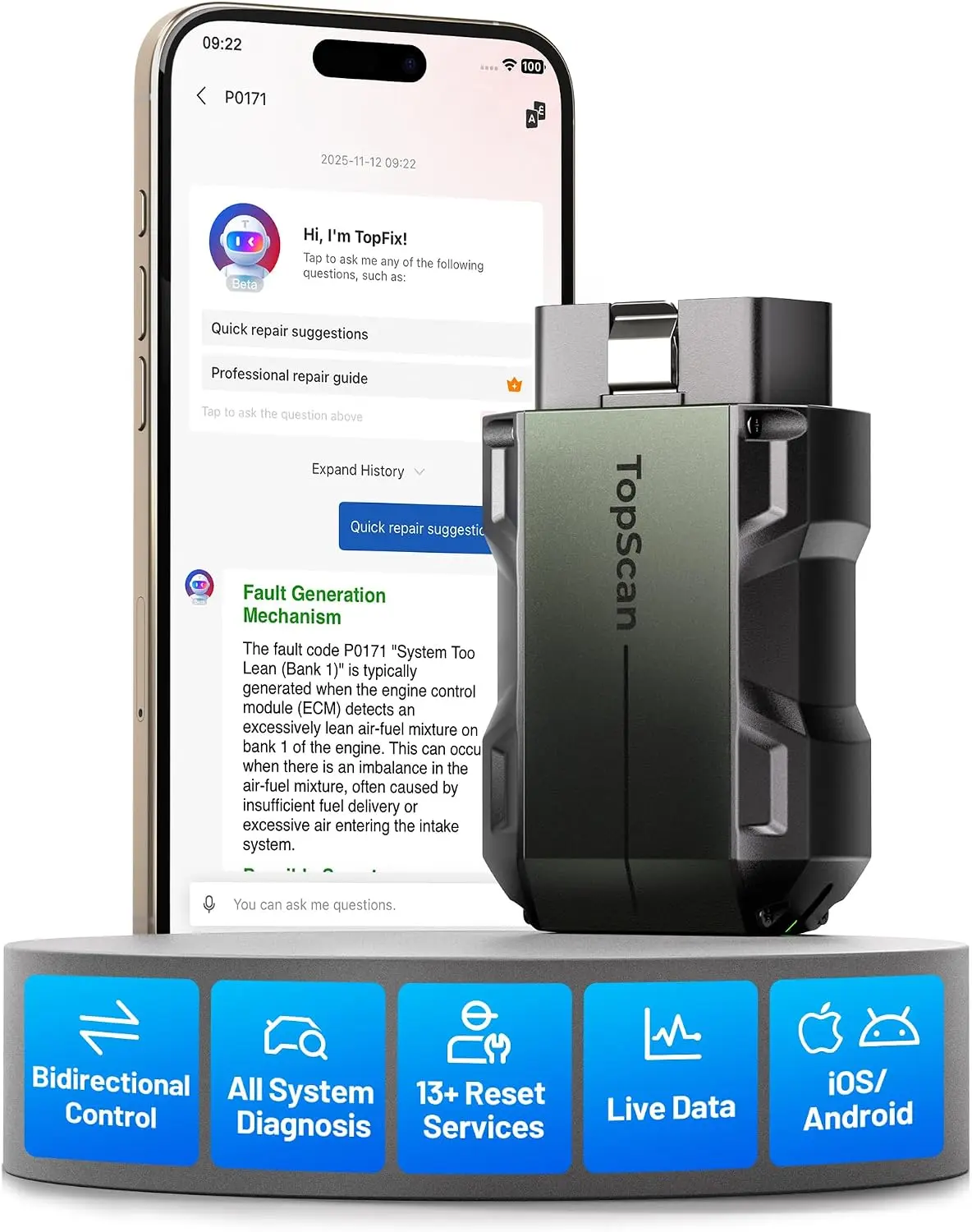 TopScan Pro Bidirectional OBD2 Scanner Bluetooth for iOS & Android | All System Diagnostics, 13+ Resets Car Scanner, FCA AutoAuth, CAN FD, AI-Powered Repair Guide, Live Data, Smog Check