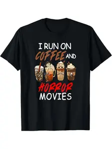 I live on coffee and horror movies. Thrilling and gory Halloween summer casual men's short-sleeved T-shirt.