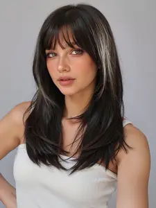 20 Inch Natural Highlighted Wig, No Glue Mechanized Fiber, Large Scalp Design, Scalp Effect Wig, Easy Maintenance, Suitable for All Ages, Synthetic Fiber Wigs