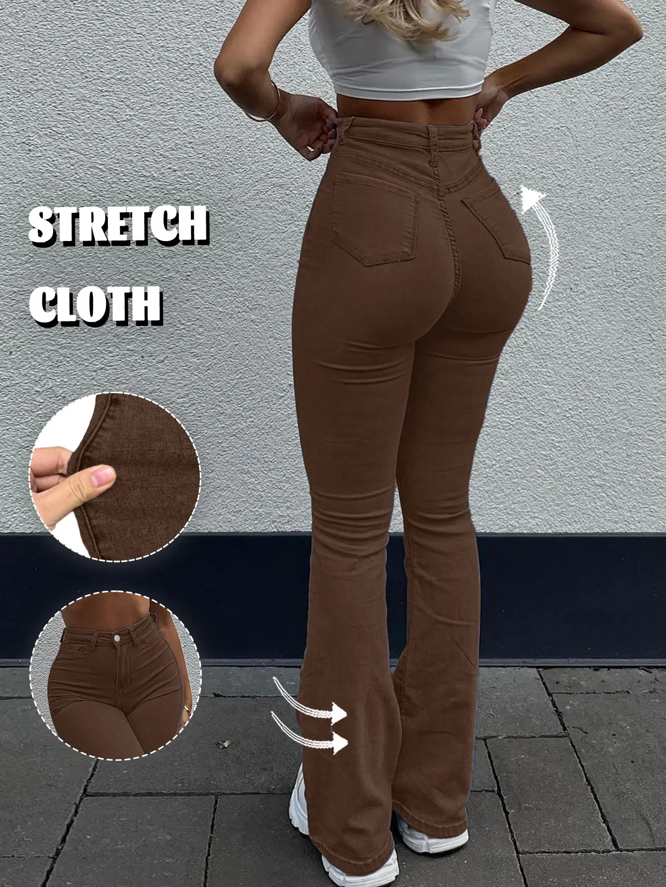 Women's High-Waisted Brown Stretch Cloth Flare Jeans - Casual Everyday Bottom with Comfortable, Stylish Fit