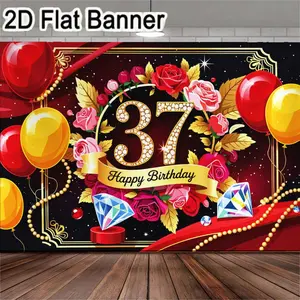 2D flat banner, 1pc37th Birthday Party Decorations, Golden Diamond '37' Centerpiece with Sparkling Balloons & Floral Backdrop, Festive Red/Yellow Balloons & Black Starry Background for 37th Celebration Decor