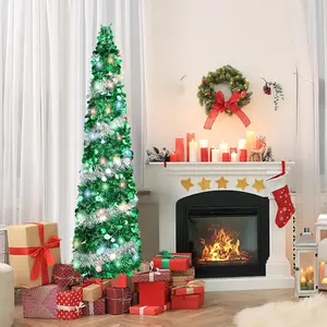 QBA 5FT Pop Up Christmas Tree with 90 Lights, Collapsible Tinsel Xmas Tree Skinny Pencil Tree for Home Office Dorm Apartment Shop Party Decorations, Green Silver