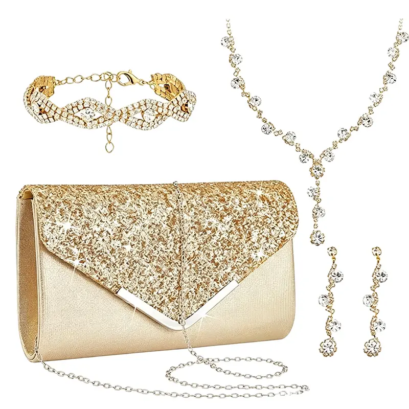 4 Pcs Purse Rhinestone Jewelry Set Prom Jewelry Rhinestone Clutch Purse Necklace Earrings for Women Bride beautiful bracelet