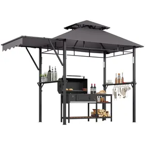 Heavy Duty 8x5 ft Grill Gazebo – Double-Tier Roof, Side Shelves, 4 LED Lights, 10 Hooks, Bottle Opener – Steel Frame Patio BBQ Canopy for Outdoor Cooking, Backyard, Garden, Picnic