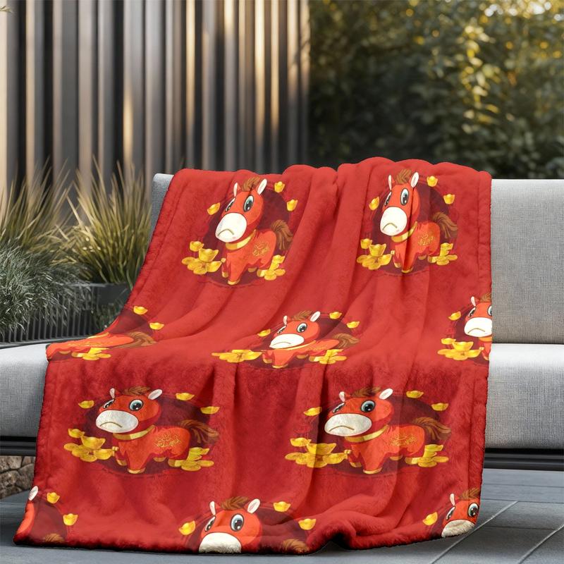 Cute Bitter Horse Theme Flannel Blanket, Large Size, Soft Lightweight Warm, Perfect for Bed Sofa Office Camping Travel Gift