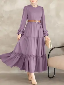 Women's Elegant Solid Color Dress, Round Neck Long Sleeve Ruffle Hem Flowy Ruched Layered Waist Design, Midi A-Line, Perfect for Daily Commuting