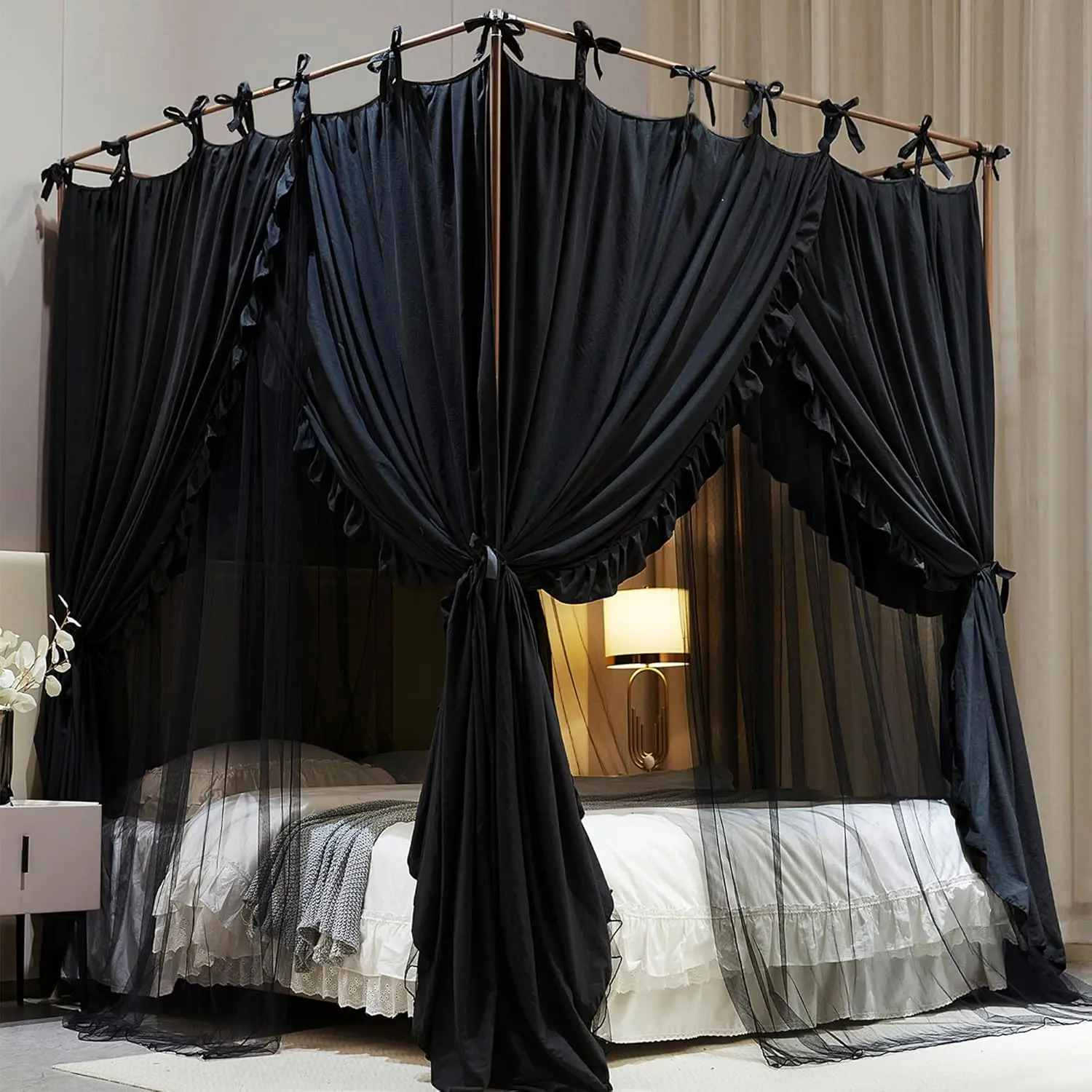 Princess curtain bed canopy with four corners, double layer, cozy mosquito net mesh and fabric for adult bedroom decoration, double black/black, 64″ W × 82″ L × 82″ H, queen size