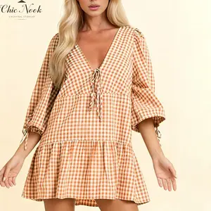 Casual Plaid Mini Dress for Maternity Women Loose Tie-up V Neck 3/4 Sleeve Short Dress