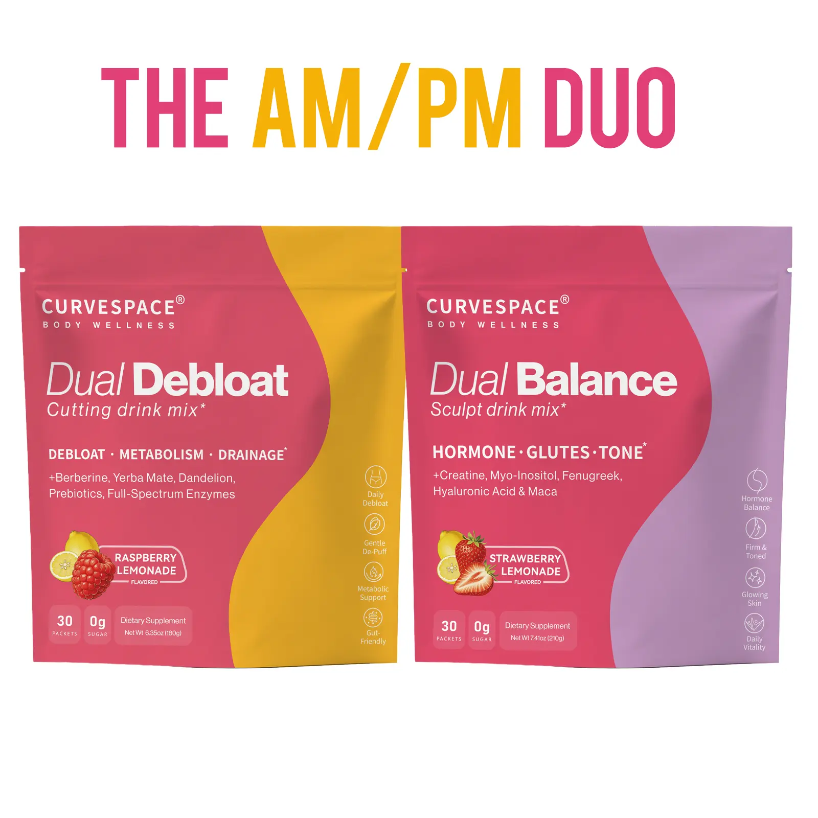 Curvespace AM Debloat + PM Balance Duo | Berberine, Yerba Mate, & Prebiotics (XOS/FOS), Digestive Enzymes, Creatine, Myo-inositol, Fenugreek | Raspberry & Strawberry Lemonade | 60 Powdered Drink Sticks, 0g Sugar