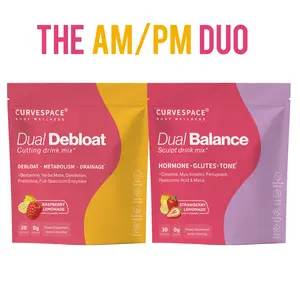 Curvespace AM Debloat + PM Balance Duo | Berberine, Yerba Mate, & Prebiotics (XOS/FOS), Digestive Enzymes, Creatine, Myo-inositol, Fenugreek | Raspberry & Strawberry Lemonade | 60 Powdered Drink Sticks, 0g Sugar