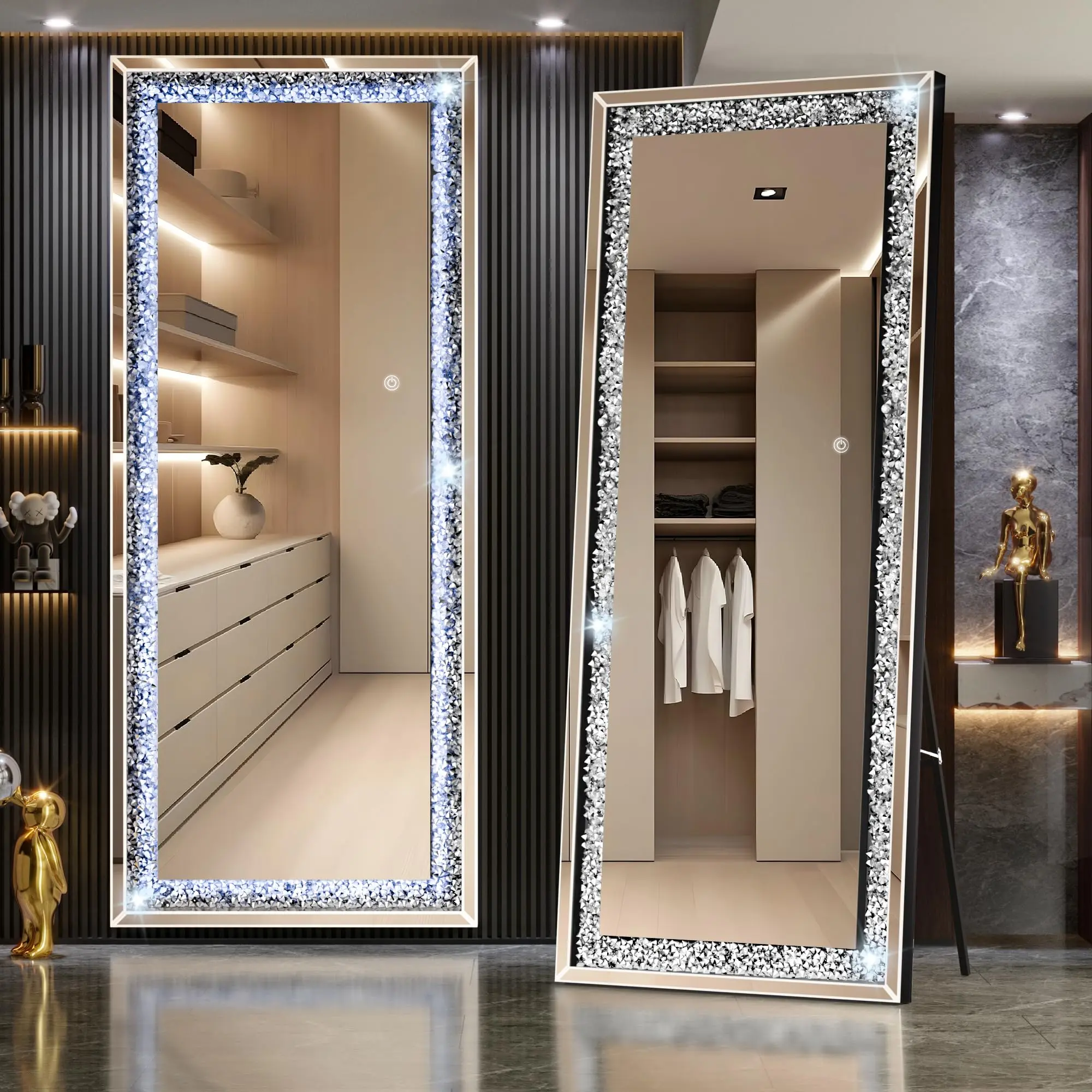Hasipu LED Full-Length Arch Glass Mirror with Acrylic Crystal Crush Diamond, MDF Wall-Mounted LED Makeup Mirror for Bedroom Decor, Space-Saving Home Decor Ideal for Daughter, Bedroom-Entryway Clothes Check Gift