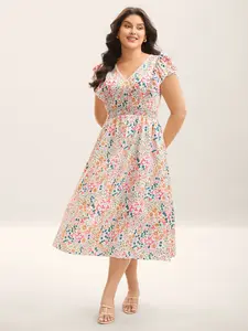 Women's Casual Light-Sleeve Floral Print Lace Neck Midi Dress - Cottagecore Summer Turn-Up Style with Pockets Fit Pink Swimweek