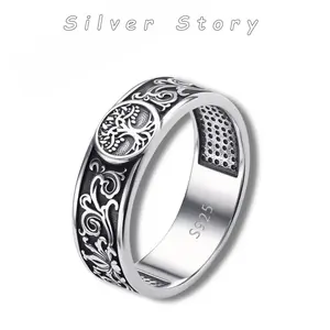 925 Sterling Silver Vintage Tree of Life Ring, Norse Mythology Retro Yggdrasil Design Viking Jewelry, Trendy Pagan Jewelry, Hypoallergenic Unisex with Jewelry Gift Box