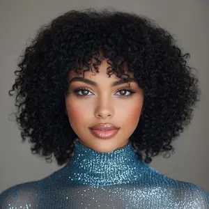 [2025 Super Deal] Cliclihair Afro Curly Wig with Bangs Natural Black Hair Crimped Wigs Glueless Wear and Go Wig Short Kinky Curly Wig Customized Fit Style