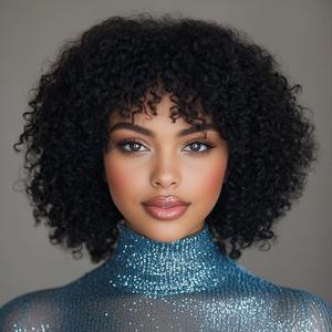 [2025 Super Deal] Cliclihair Afro Curly Wig with Bangs Natural Black Hair Crimped Wigs Glueless Wear and Go Wig Short Kinky Curly Wig Customized Fit Style Soft Human Hair Breathable Rose Net