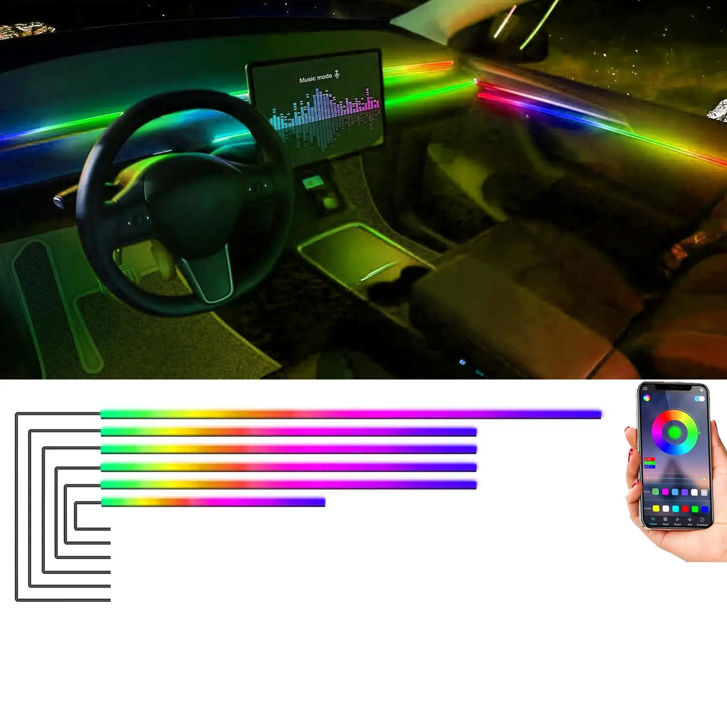 RGB Flow Acrylic Interior Car LED Strip Light with APP,  Dreamcolor 6 in 1 Fiber Optic Car Decoration Atmosphere Light Kits, Music Sync Rhythm Neon Ambient Lighting Kits for All Cars
