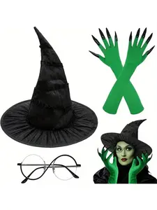 4 pieces - Set of Halloween Witch costume accessories, witch hat, glasses and gloves, suitable for adult women, suitable for role-playing, suitable for Halloween