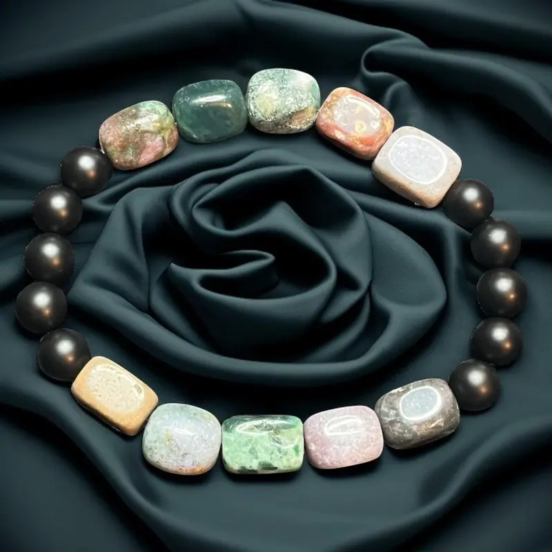 Handmade Elastic Bracelet with 8 mm Matte Black Onyx & Indian Agate Beads for Grounding and Protection. Size 7 Inches
