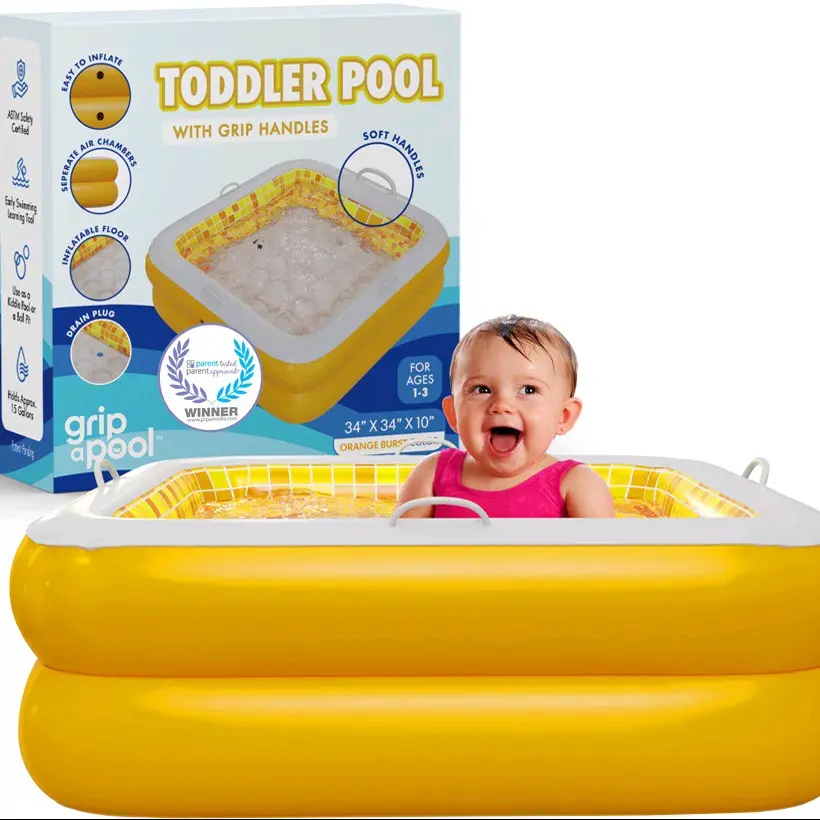 Inflatable Baby Pool with Blow Up Padded Floor, Grip Handle Kiddie Pool for Babies, Infants and Toddlers 1-3, 34" Orange Burst
