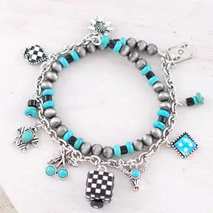 Western Checkered Bracelet with Dice Charms, Beaded Design, Unique Tassel, and Decorative Elements