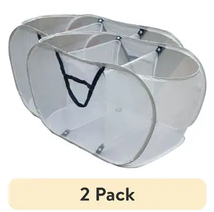 White Polyester Mesh Pop-up Triple Sort Laundry Basket, 16" x 16" x 28", 2 Pack